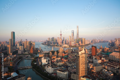 Aerial photography bird view at Shanghai bund Skyline © Aania