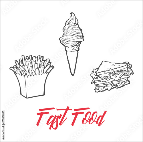 Vector sketch potato fry, french fries on striped paper box, soft cold drink disposable cup with straw, lid hot dog pizza slice set. Hand drawn cartoon isolated illustration on a white background.