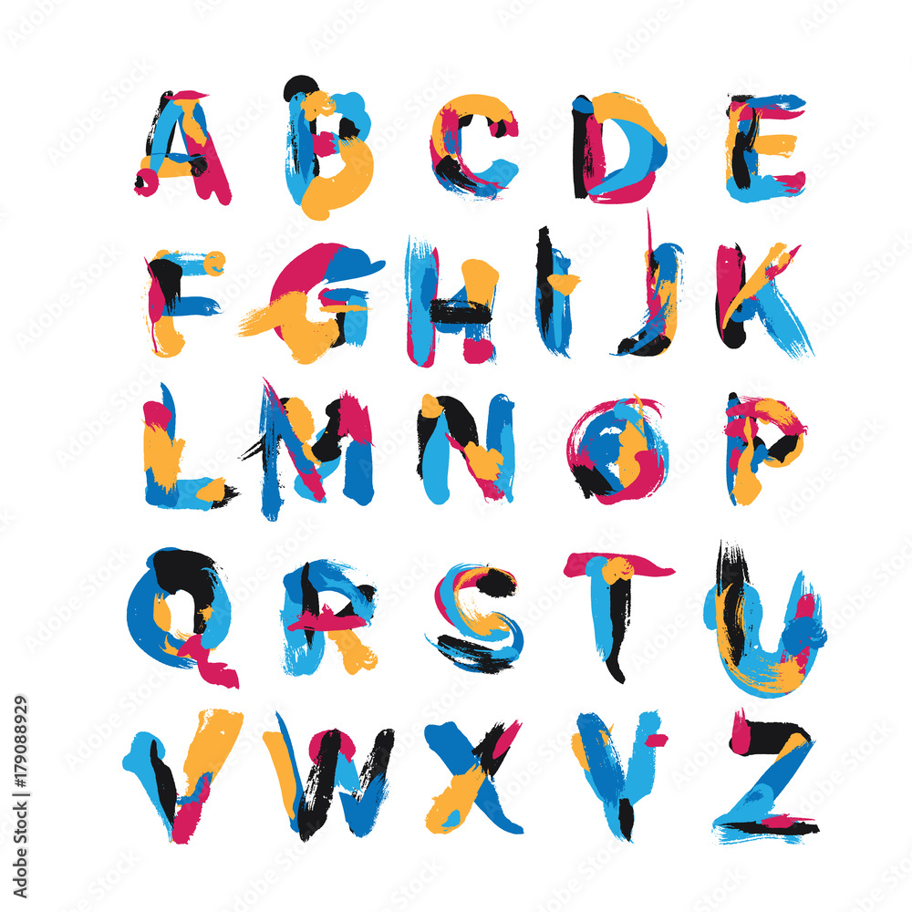 Vector set with hand drawn with brush spots and smears elements. Abc letters sequence from A to Z. English creative font, good for lettering and logo writing