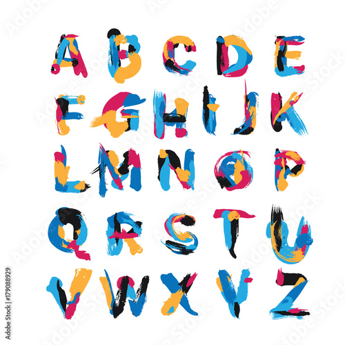 Vector set with hand drawn with brush spots and smears elements. Abc letters sequence from A to Z. English creative font, good for lettering and logo writing