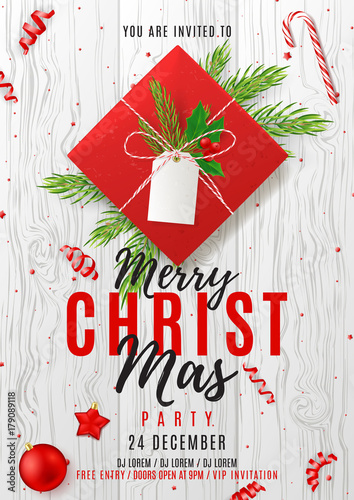 Merry Christmas Party Poster. Top view on Red Gift Box with Tag and Holly. Vector illustration with confetti and serpentine on wooden texture. Invitation to nightclub with xmas ball, star and candy.