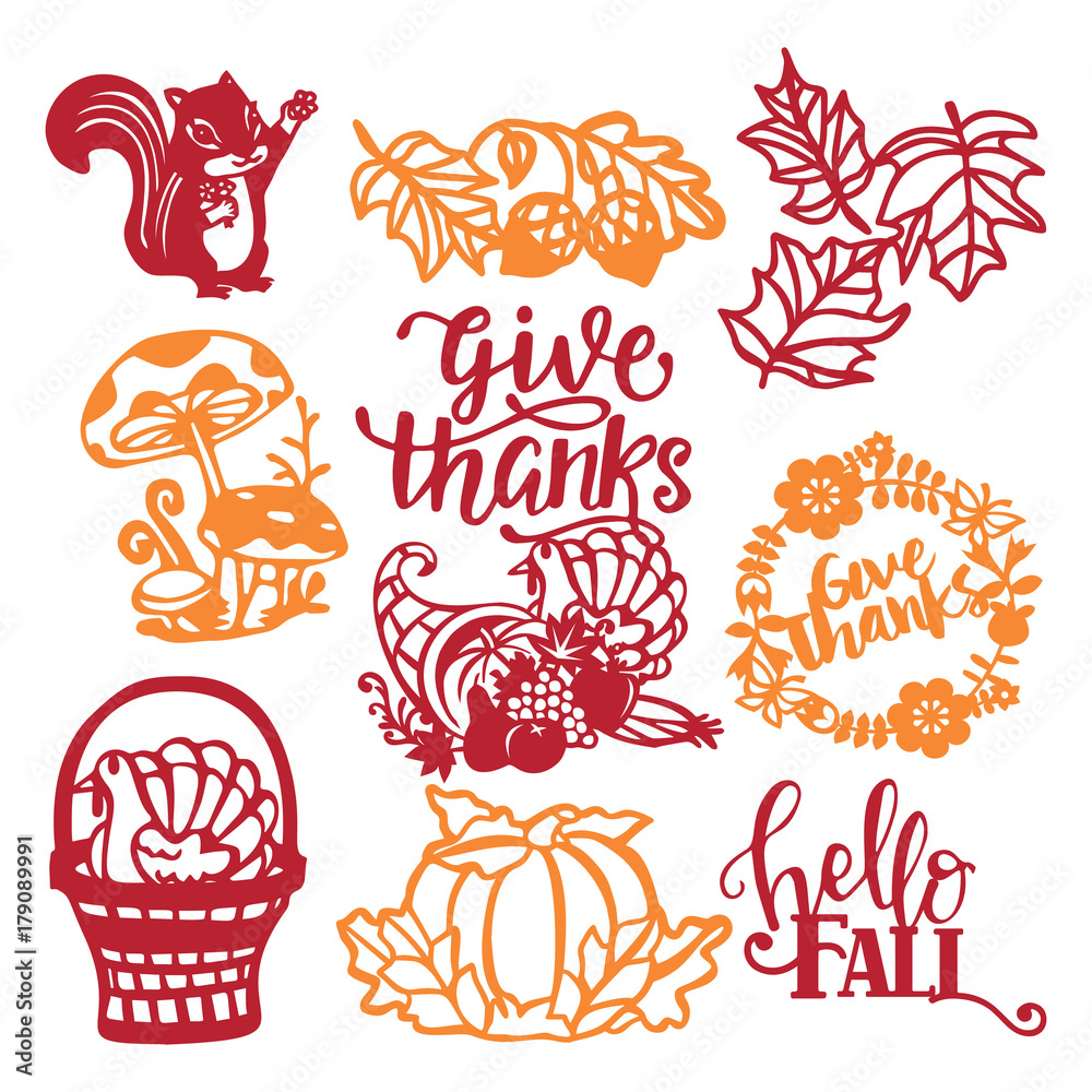 Vintage Thanksgiving Harvest Paper Cut Design Elements Set