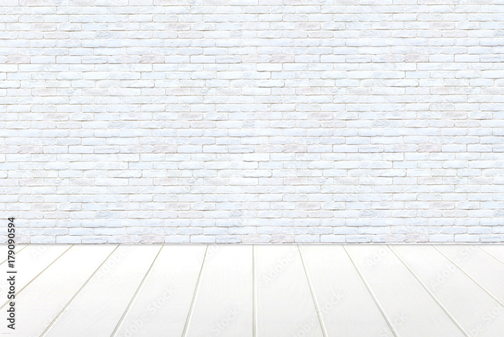 room interior with white brick wall and white wood floor. room interior with white brick wall and white wood floor.