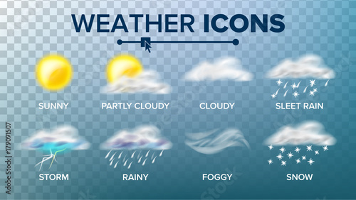 Weather Icons Set Vector. Sunny, Cloudy Storm, Rainy, Snow, Foggy. Good For Web, Mobile App. Isolated On Transparent Background Illustration