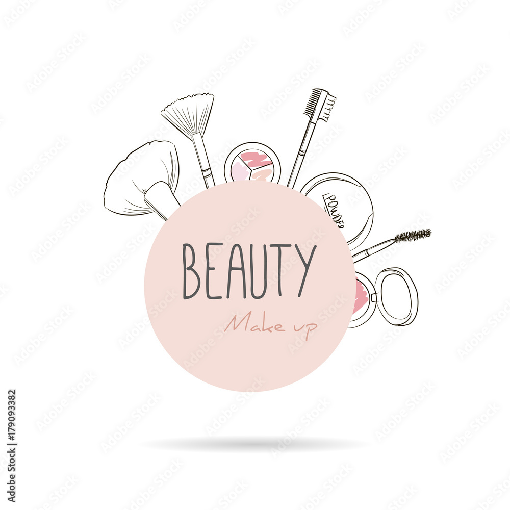 Makeup tools on begie circle background. Vector beauty logo or label  design. Hand drawn illustration of makeup brush, poweder, eyeshadow and  blush. Concept for beauty salon, cosmetics, visage, makeup. Stock Vector