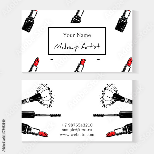Makeup artist banner. Business card concept. Beauty Set for make-up: lipstick, mascara, makeup brush, Logo vector template illustration