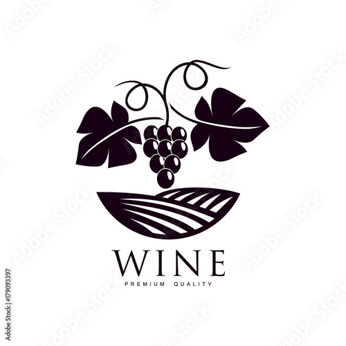grapevine with ripe grapes, leaves twig on background of field of vineyard. Elegant Company logo, brand icon design. Isolated illustration on a white background.