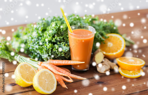 glass of carrot juice, fruits and vegetables