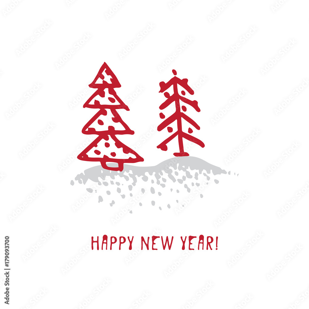 Hand-drawn festive Christmas and New Year card with holiday symbols tree and calligraphic greeting inscription Hand-drawn festive Christmas and New Year card with holiday symbols tree and calligraphic greeting inscription