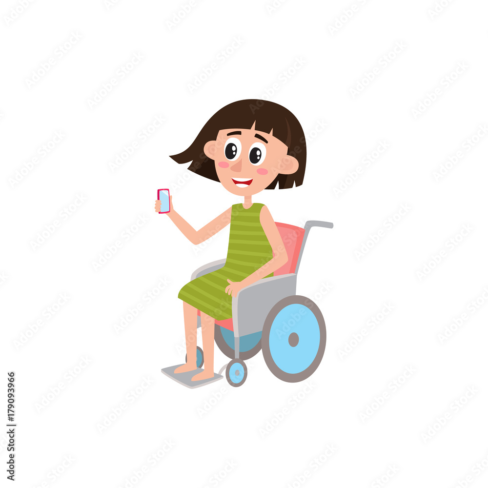 Young pretty woman sitting in wheelchair, holding phone, smartphone, cartoon vector illustration isolated on white background. Happy cartoon, comic style woman sitting in wheelchair, using smartphone Young pretty woman sitting in wheelchair, holding phone, smartphone, cartoon vector illustration isolated on white background. Happy cartoon, comic style woman sitting in wheelchair, using smartphone