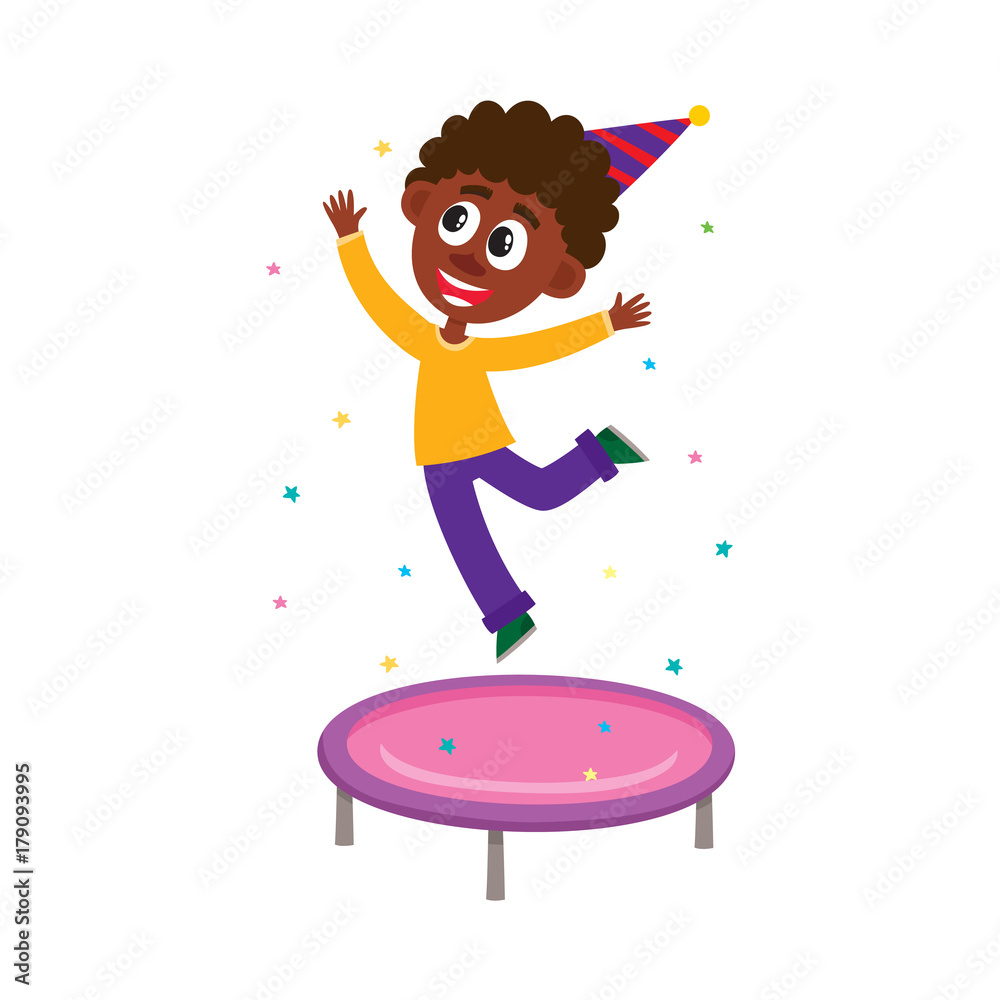 Happy black, African American boy jumping on trampoline, having fun at birthday party, cartoon vector illustration isolated on white background. Funny black, African American boy kid at birthday party