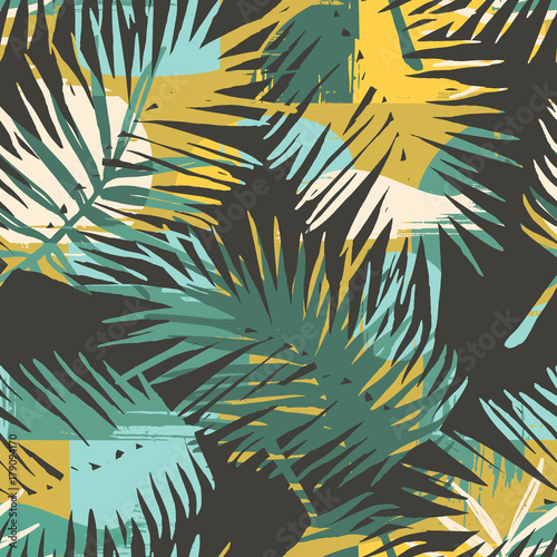 Seamless exotic pattern with tropical plants and artistic background.