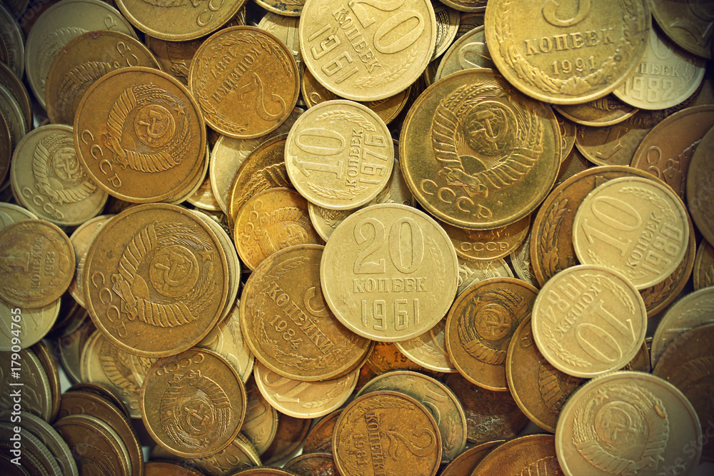 Soviet union coins background. Metal money of USSR. Soviet union coins background. Metal money of USSR.