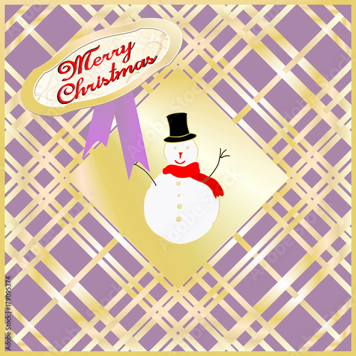 Christmas card decorated with snow puppet golden and purple. Merry Christmas