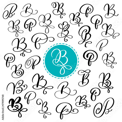 Set of Hand drawn vector calligraphy letter B. Script font. Isolated letters written with ink. Handwritten brush style. Hand lettering for logos packaging design poster. Typographic set on white