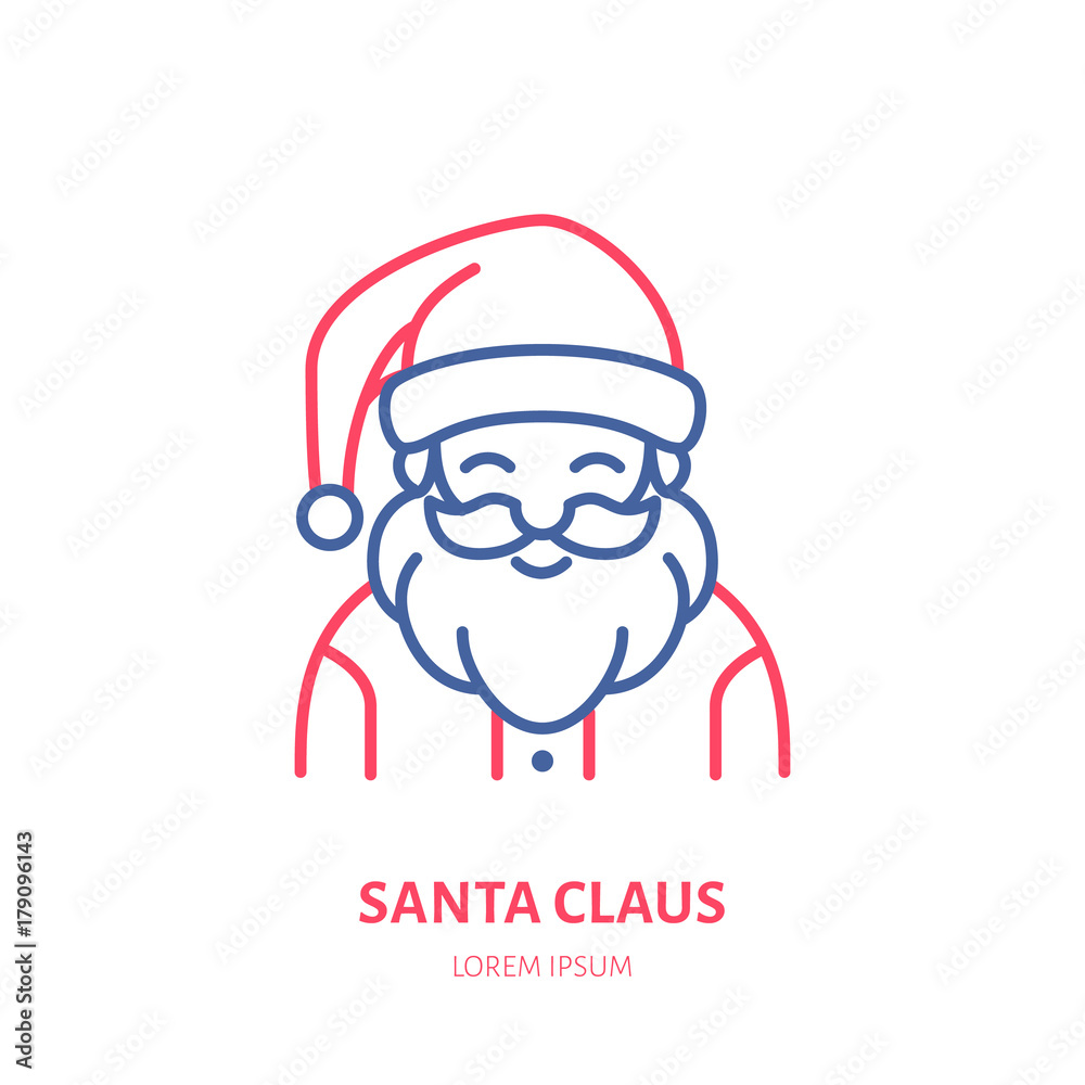 Christmas Santa Claus, new year decoration flat line icon. Winter holidays vector illustration. Sign of happy Santa.