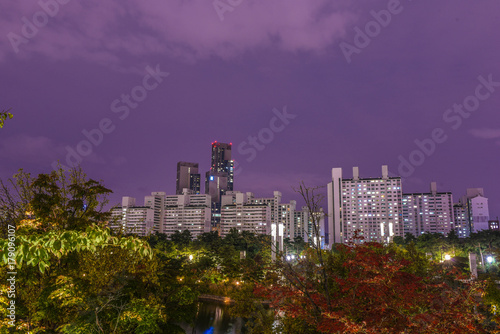 seoul night city skyline in south korea by long exposure