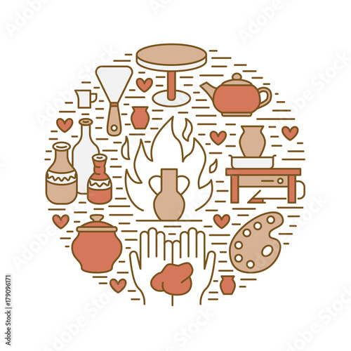 Pottery workshop, ceramics classes banner illustration. Vector line icon of clay studio tools. Hand building, sculpturing equipment. Art shop circle template.