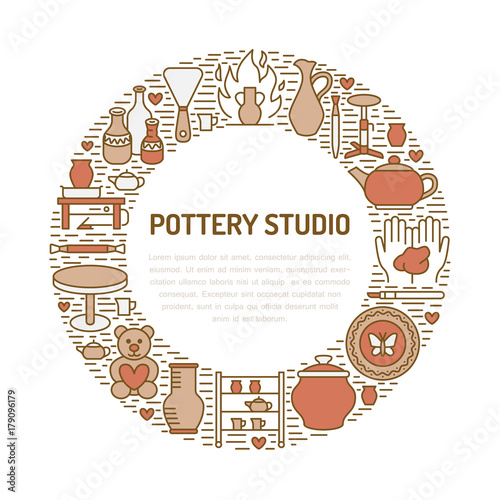Pottery workshop, ceramics classes banner illustration. Vector line icon of clay studio tools. Hand building, sculpturing equipment. Art shop circle template with place for text.
