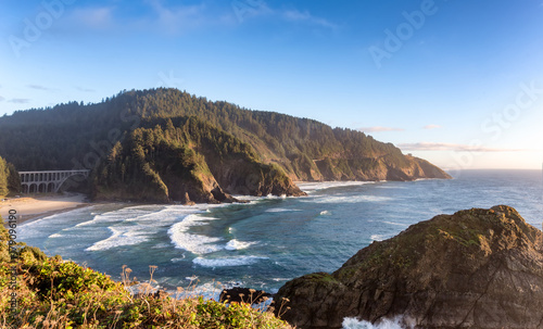 View from the Heceta Head lighthouse overlooking scenic Cape Cove on the Oregon pacific coast line.
