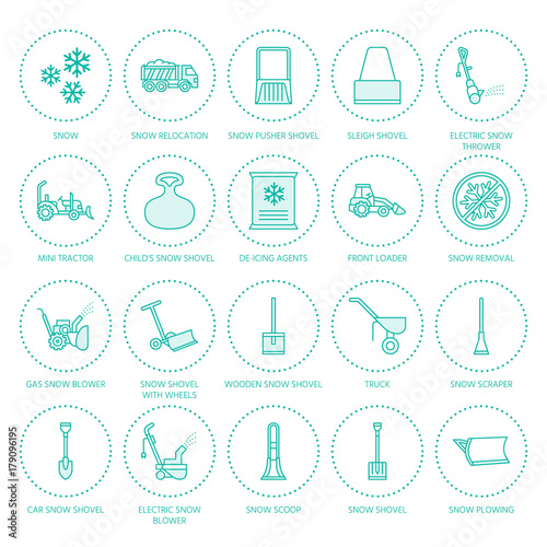 Snow removal flat line icons. Ice relocation service signs. Cold weather equipment - snow thrower, blower, truck, front loader, snow shovel. Vector illustration, industrial cleaning symbols.