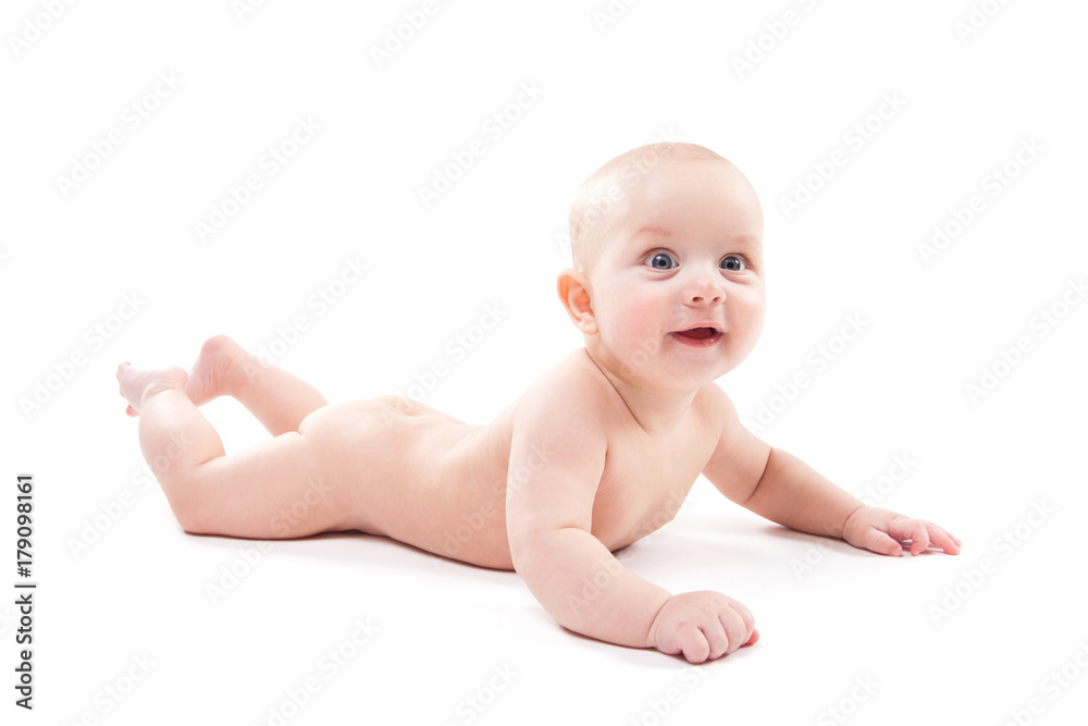 naked baby on a white background smiling and looking at the camera naked baby on a white background smiling and looking at the camera