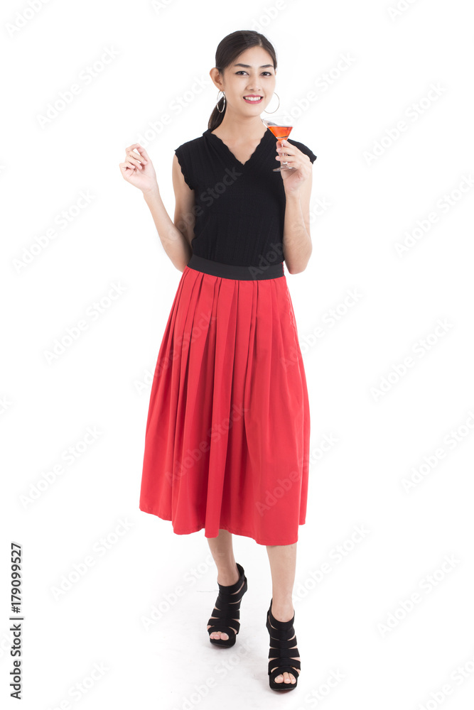 Beautiful Asian Woman holding cocktail drink with Happy Emotion. People Lifestyle Concept. Isolated on White background. Beautiful Asian Woman holding cocktail drink with Happy Emotion. People Lifestyle Concept. Isolated on White background.