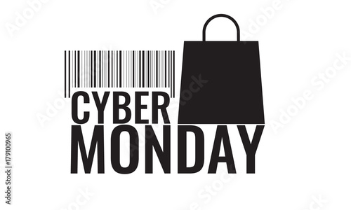 Cyber monday symbol with shopping bag and barcode. Sale concept.