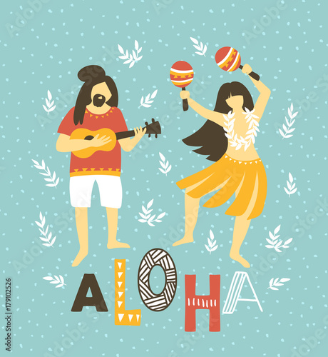 Vector hawaii  illustration. Summer background with dancing girls and men playing ukulele. Bright ethnic design.