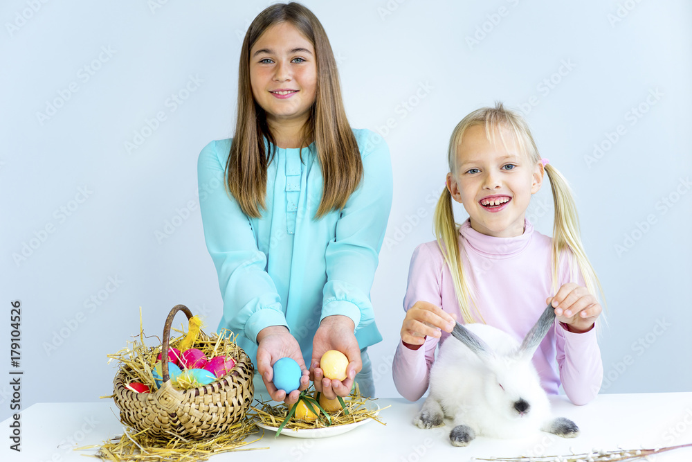 Girls with easter bunny Girls with easter bunny