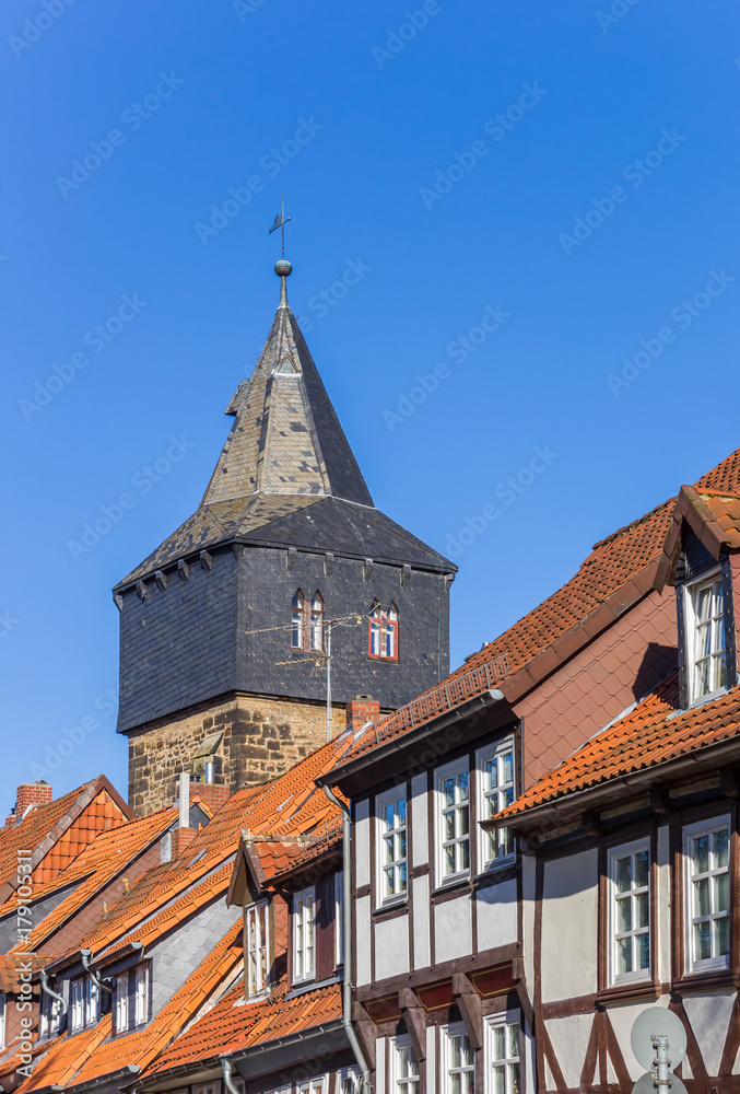 Half-timbered houses in front of the Kehrwiederturm tower in Hildesheim