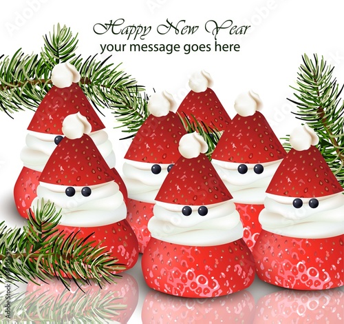 New Year card with strawberries candies Vector. ute Happy Holidays wishes