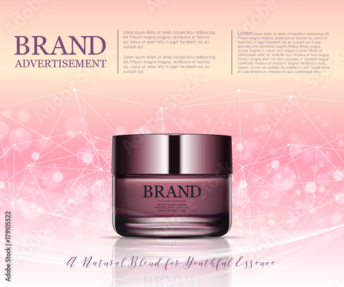 Beauty anti aging cream ad. Cosmetics package design. 3d vector beauty illustration. Moisturizing facial cream mask glass jar on sparkling liquid background with water bubbles. Product package mock-up