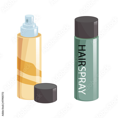 Cartoon style simple gradient hair spray fixation icon set. Open gold container with cap and closed green. Hair care and styling accessory vector illustration collection.