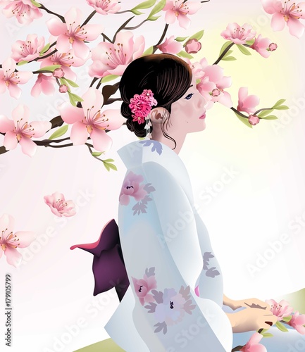 Japanese Girl on cherry blossom background. Vector