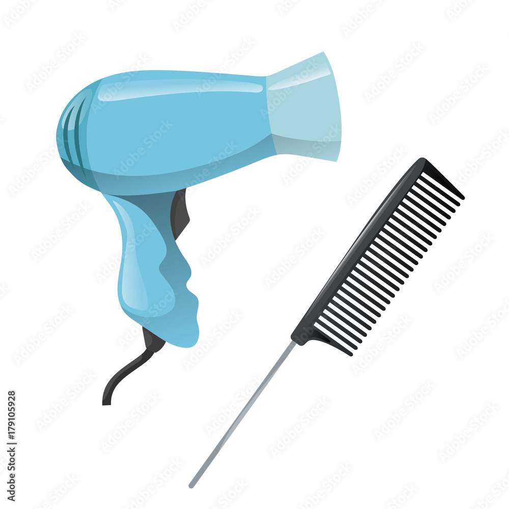 Cartoon trendy design hair styling equipment tool set. Plastic black hair  comb with special long metal handle and electric hairdryer. Vector barber  shop illustration icon collection. Stock Vector | Adobe Stock