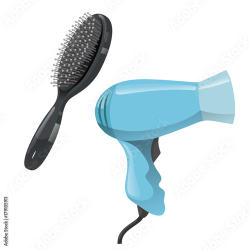 Cartoon trendy design hair styling equipment tool set. Black massage detangler hair brush for styling and electric hairdryer. Vector barber shop illustration icon collection.
