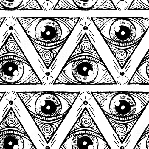 Seamless texture. Magic repeating background. Tile pattern with pyramid with eye. Black and white style. Black triangles.