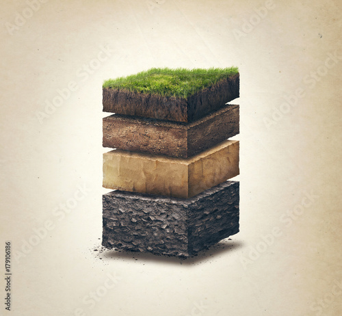 Soil layers. Four cross section soil layers. 3D illustration isolated on light background