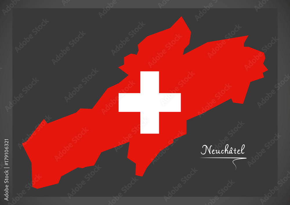 Neuchatel map of Switzerland with Swiss national flag illustration
