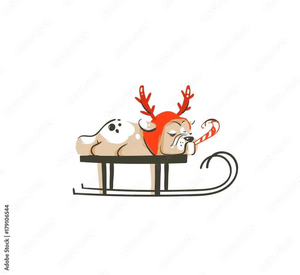 Hand drawn vector abstract fun Merry Christmas time cartoon illustration icon with french bulldog in deer costume on sleigh isolated on white background