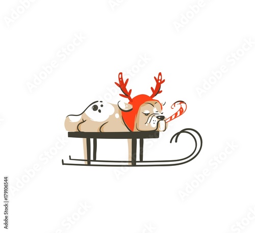 Hand drawn vector abstract fun Merry Christmas time cartoon illustration icon with french bulldog in deer costume on sleigh isolated on white background