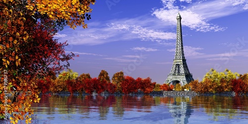 Eiffel Tower in Autumn, Autumn in France, 3D rendering