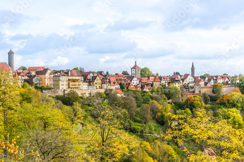 Europe culture concept - panoramic city skyline birds eye aerial view under dramatic sun and morning blue cloudy sky in Rothenburg, Germany