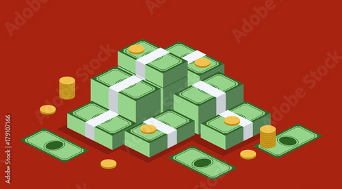 Isometric 3D vector illustration concept pile of paper money and coins