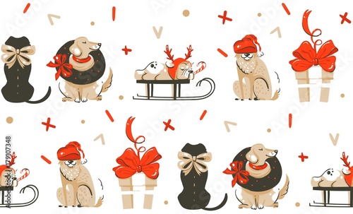 Hand drawn vector abstract fun Merry Christmas time cartoon illustration seamless pattern with many pet dogs isolated on white background