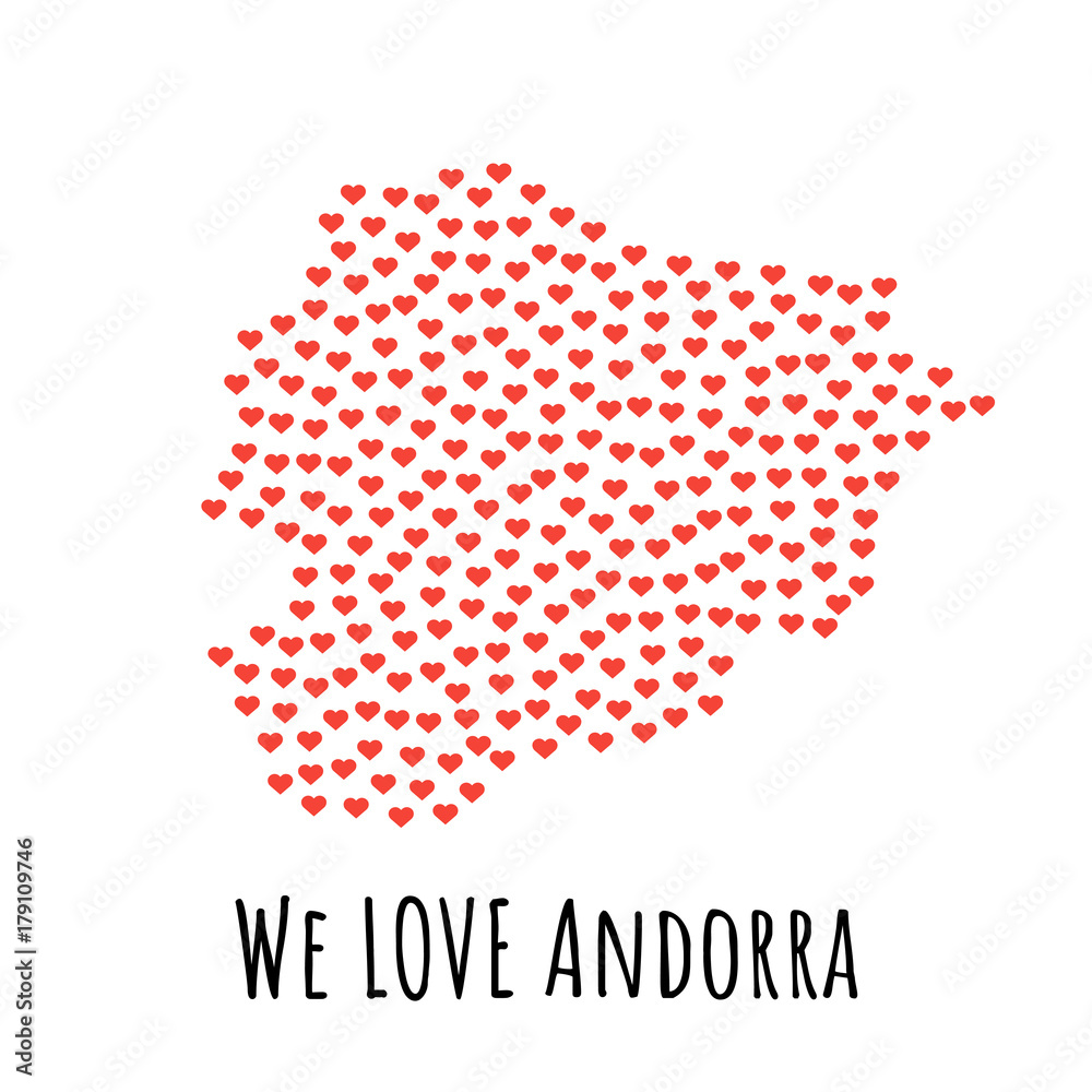 Andorra Map with red hearts - symbol of love. abstract background