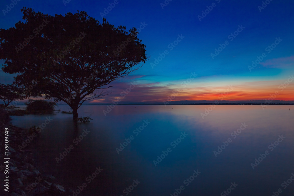 Sunset with tree reflection in a lake.