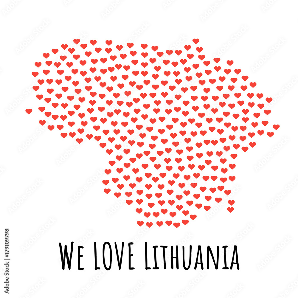 Lithuania Map with red hearts - symbol of love. abstract background