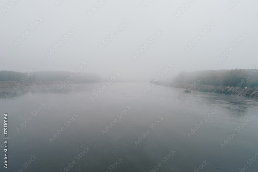 Foggy morning on river Evros or Merits in Turkey.